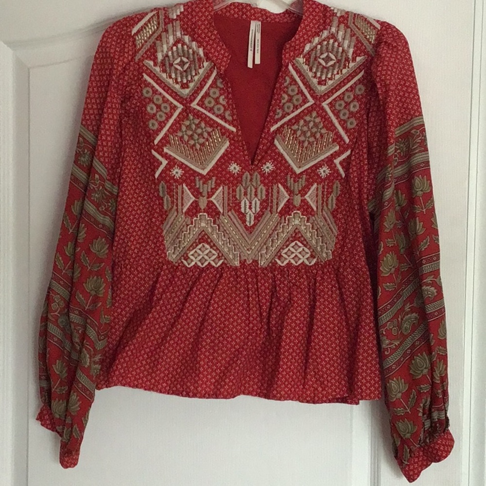 By Anthropology! Peasant,boho cotton embroidered ballon sleeved blouse. V neck